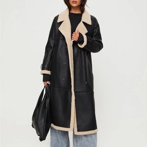 Princess Polly Black Faux Leather Long Trench Coat with Cream Shearling